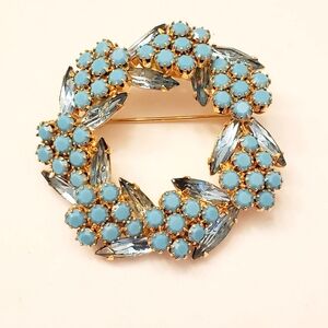 Austria Blue Milk Glass And Rhinestone Navette Goldtone Blue Floral Brooch